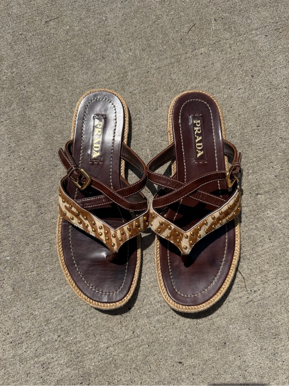 Prada Brown Pony Hair Zebra Print Leather Studded Crisscross Sandals
